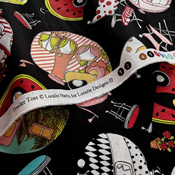 Loralie Designs Vintage Holiday Trailer Toss Black Fabric by The Yard