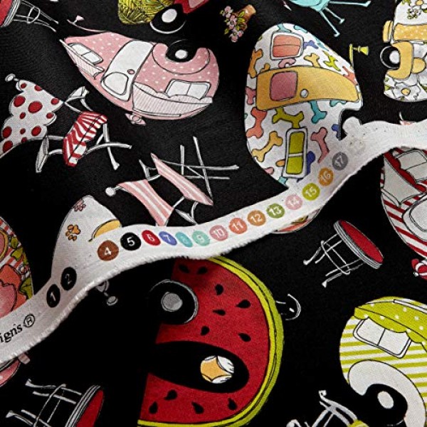 Loralie Designs Vintage Holiday Trailer Toss Black Fabric by The Yard