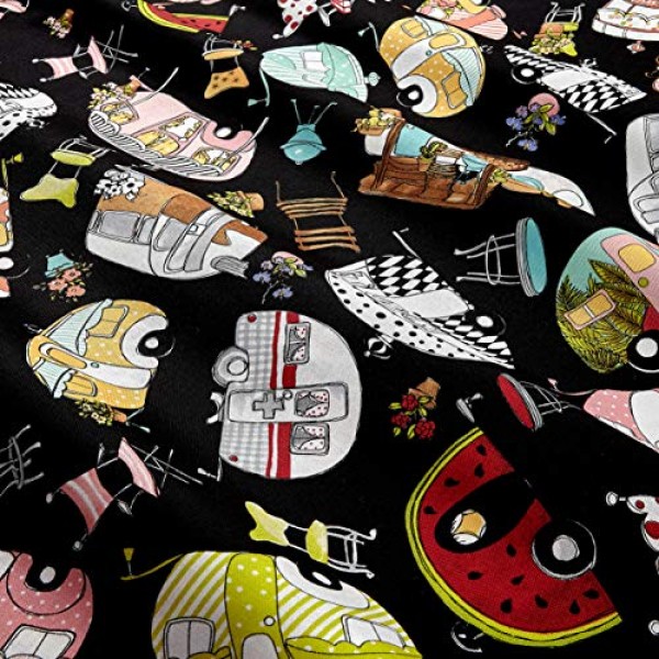 Loralie Designs Vintage Holiday Trailer Toss Black Fabric by The Yard