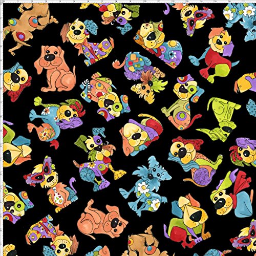 Loralie Joy Dog Joyful Toss Black Fabric by The Yard # 692-286