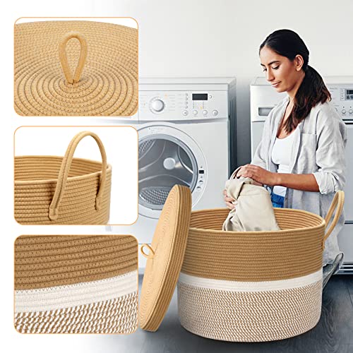 LOVSTORAGE 20.5x 15 Large Rope Blanket Basket with Lid, Woven St...