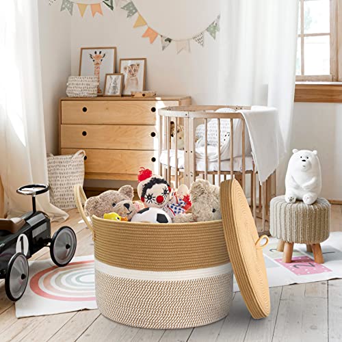 LOVSTORAGE 20.5x 15 Large Rope Blanket Basket with Lid, Woven St...