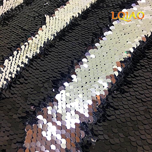 Reversible Sequin Fabric Black & Silver Two Tone Flip Up Mesh Lace...