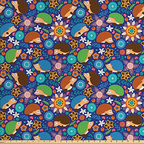 Lunarable Animal Fabric by The Yard, Cartoon Hedgehogs Living in F...