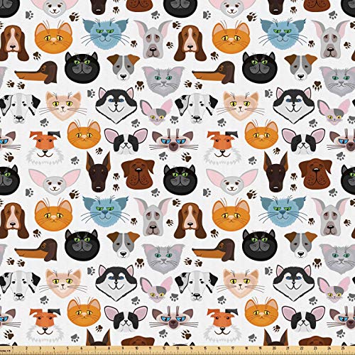Lunarable Animal Fabric by The Yard, Cat and Dog Faces Best Friend...
