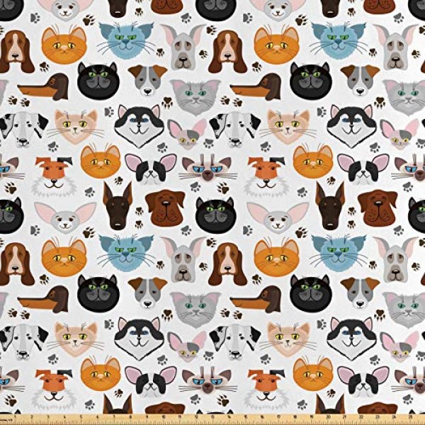 Lunarable Animal Fabric by The Yard, Cat and Dog Faces Best Friend...