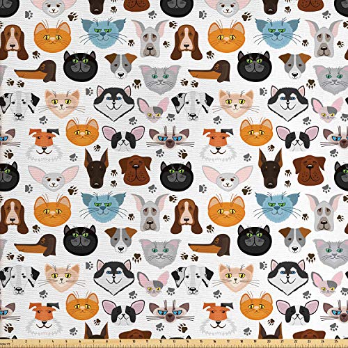 Lunarable Animal Fabric by The Yard, Cat and Dog Faces Best Friend...