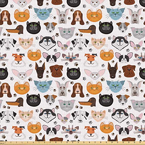 Lunarable Animal Fabric by The Yard, Cat and Dog Faces Best Friend...