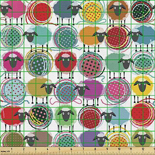 Lunarable Animal Fabric by The Yard, Colorful Sheep with Yarn Ball...