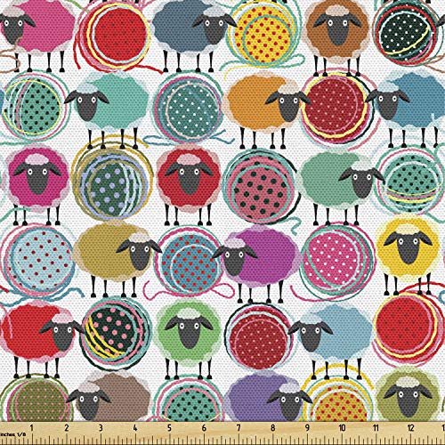 Lunarable Animal Fabric by The Yard, Colorful Sheep with Yarn Ball...