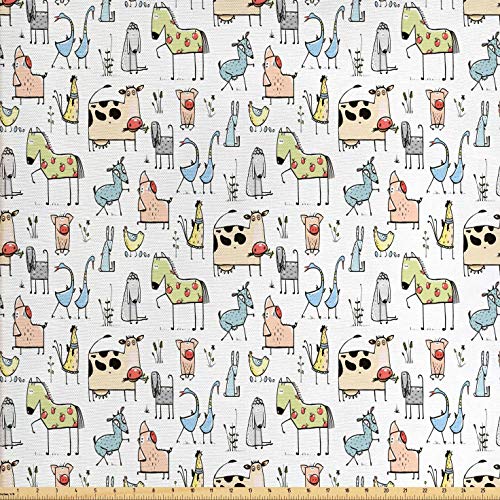 Lunarable Animal Fabric by The Yard, Cow Horse Pigs Chicken Sheep ...