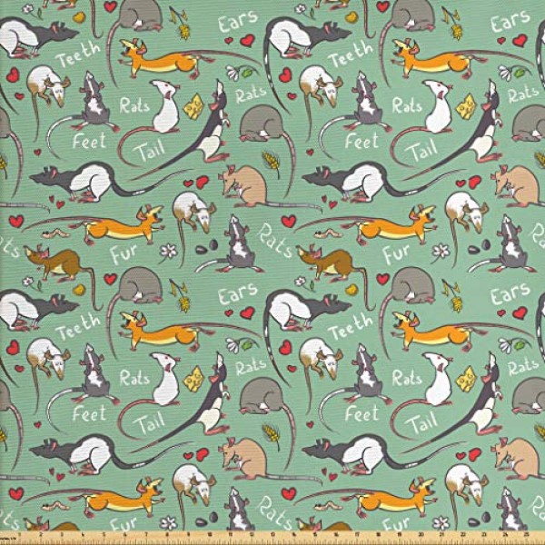 Lunarable Animals Fabric by The Yard, Cartoon Rats with Hearts Tai...