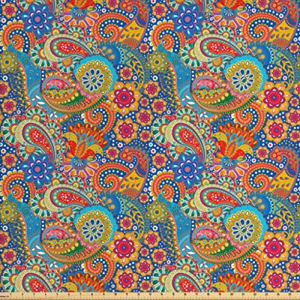 Lunarable Asian Fabric by The Yard, Colorful Paisley Floral Patter...