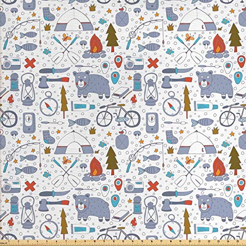 Lunarable Camping Fabric by The Yard, Cartoon Bear Tent and Compas...
