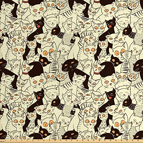 Lunarable Cat Fabric by The Yard, Modern Big Eyed Funk Style Kitti...