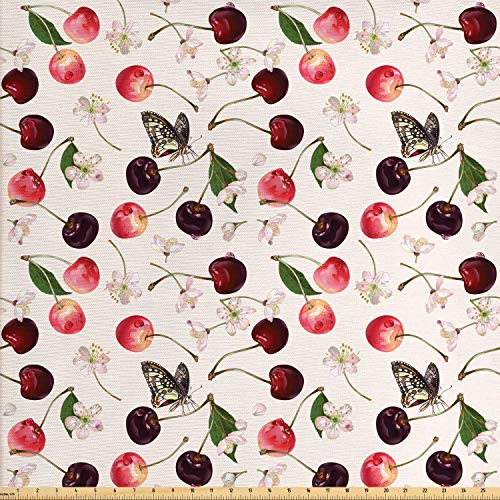 Lunarable Cherry Fabric by The Yard, Summer Fruit Pattern Flowers ...