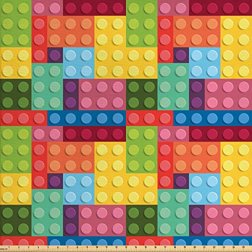 Lunarable Colorful Fabric by The Yard, Children Building Toy Patte...
