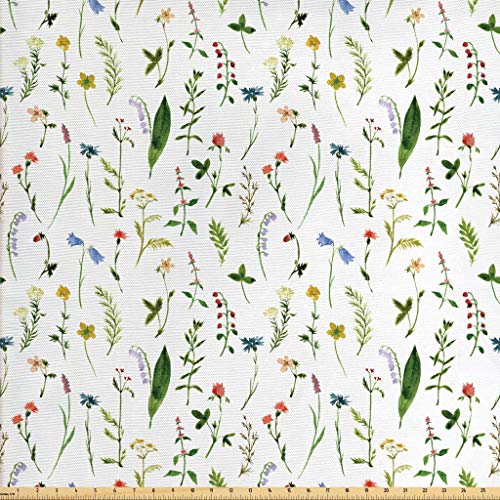 Lunarable Doodle Fabric by The Yard, Flourishing Spring Meadow wit...