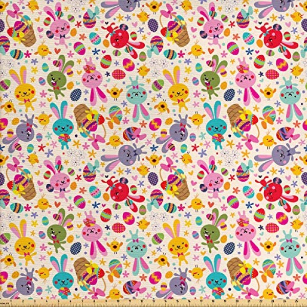 Lunarable Easter Fabric by The Yard, Children Chicks Happiness Bas...