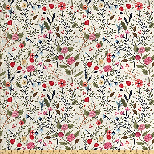 Lunarable Floral Fabric by The Yard, Colorful Oriental Pattern wit...