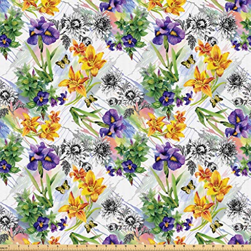 Lunarable Floral Fabric by The Yard, Iris Flowers in Watercolors S...