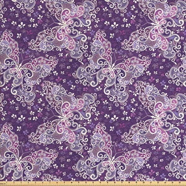 Lunarable Floral Fabric by The Yard, Ornate Oriental Big Butterfly...