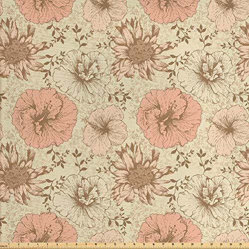 Lunarable Floral Fabric by The Yard, Retro Pattern on Nostalgic Ba...