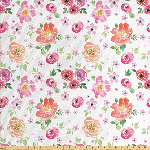 Lunarable Floral Fabric by The Yard, Shabby Form Garden Flowers Ro...