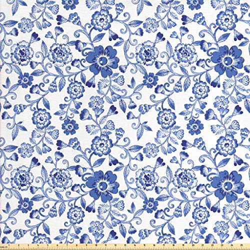 Lunarable Floral Fabric by The Yard, Swirl Flower Pattern Folk Rus...