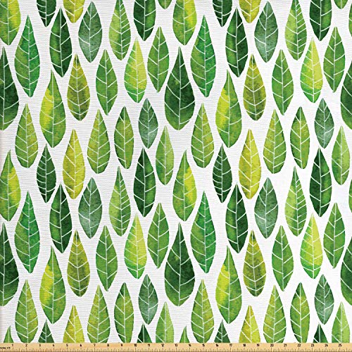 Lunarable Green Fabric by The Yard, Watercolor Forest Leaves Patte...