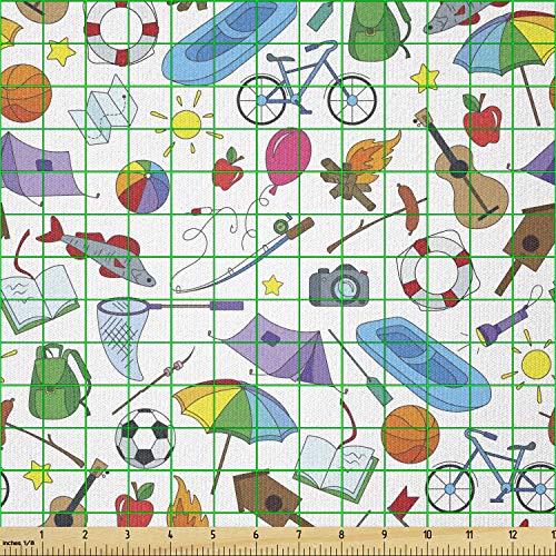 Lunarable Happy Camper Fabric by The Yard, Summer Season Vacation ...