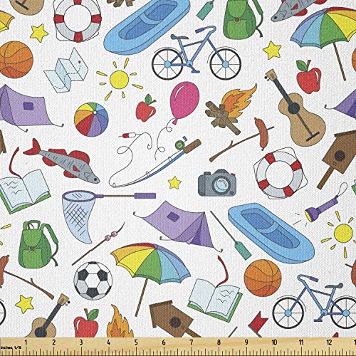 Lunarable Happy Camper Fabric by The Yard, Summer Season Vacation ...