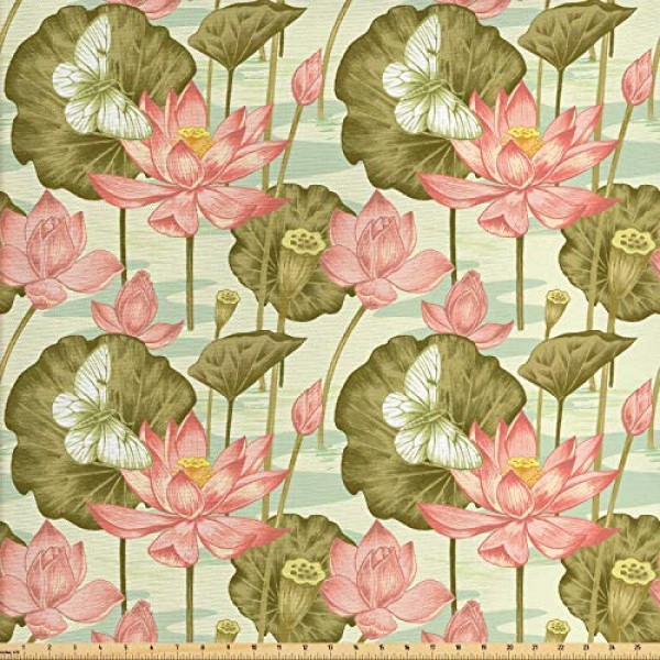 Lunarable Japanese Fabric by The Yard, Exotic Vintage Lotus Flower...