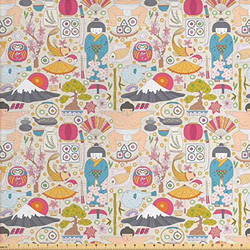 Lunarable Japanese Fabric by The Yard, Sushi Mount Hill Sumo Wrest...