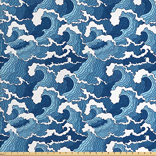 Lunarable Japanese Wave Fabric by The Yard, Stormy Sea with Abstra...