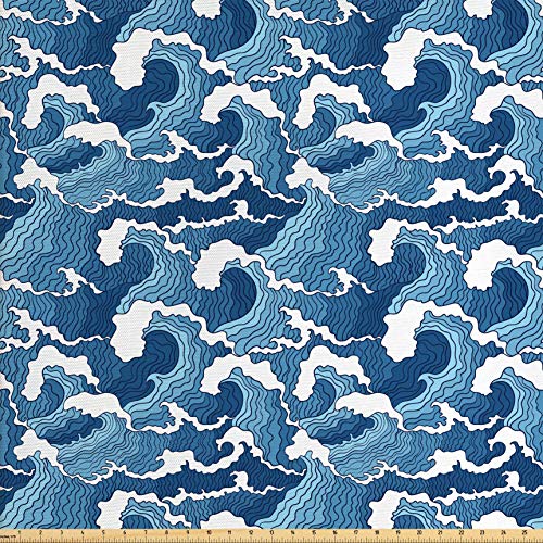 Lunarable Japanese Wave Fabric by The Yard, Stormy Sea with Abstra...