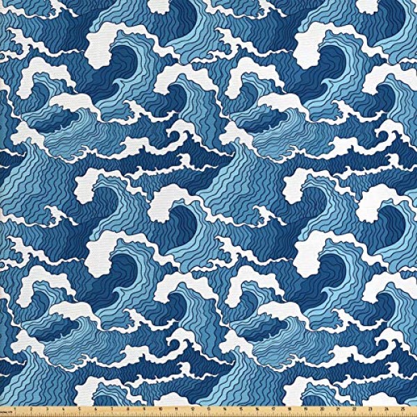 Lunarable Japanese Wave Fabric by The Yard, Stormy Sea with Abstra...