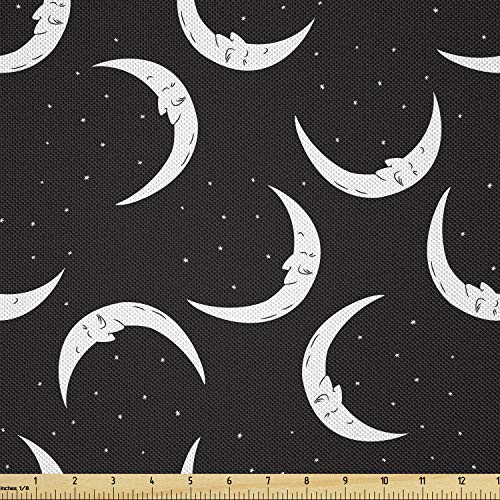 Lunarable Night Fabric by The Yard, Crescent Moon and Stars Sky Sl...