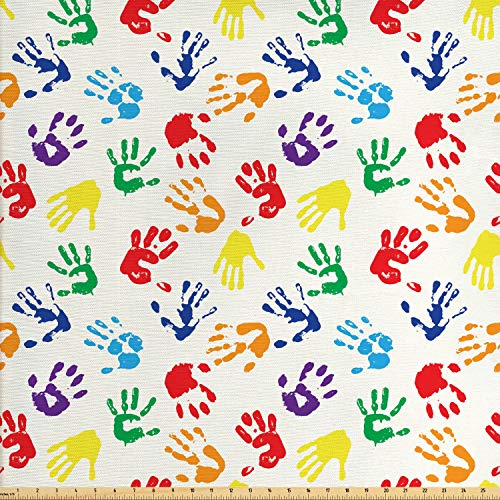 Lunarable Paint Fabric by The Yard, Colorful Hand Shapes Fingerpri...