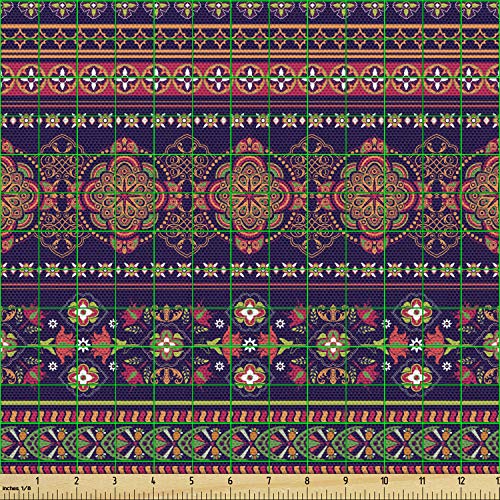 Lunarable Paisley Fabric by The Yard, Floral Pattern in Border Des...