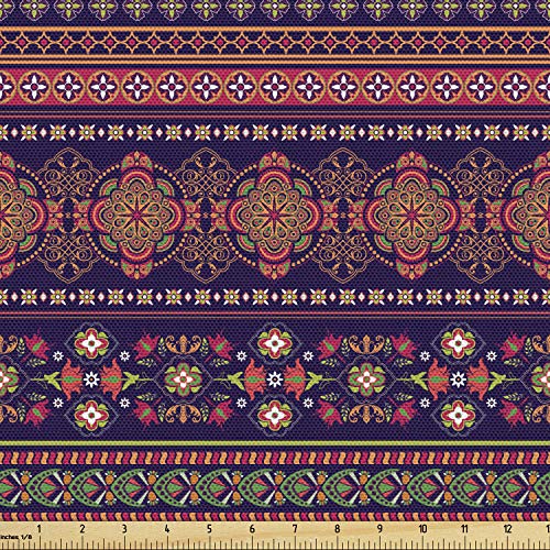 Lunarable Paisley Fabric by The Yard, Floral Pattern in Border Des...