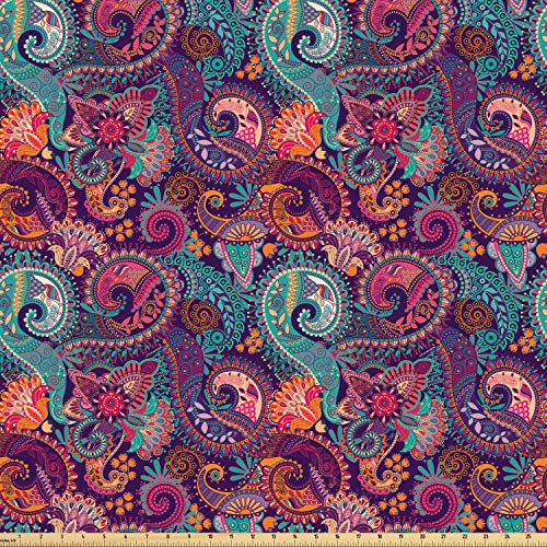 Lunarable Paisley Fabric by The Yard, Oriental Colorful Image with...