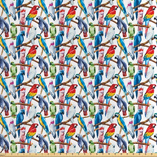 Lunarable Parrots Fabric by The Yard, Colorful Parrots on Tree Bra...