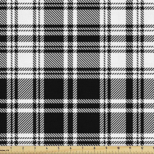 Lunarable Plaid Fabric by The Yard, Monochrome Style Vintage Engli...