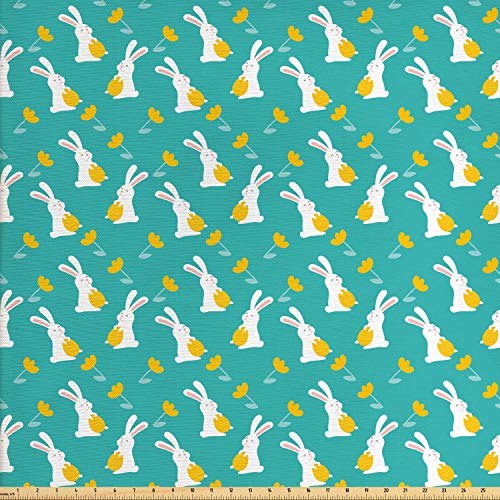 Lunarable Rabbits Fabric by The Yard, Bunnies with Easter Eggs and...
