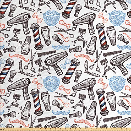 Lunarable Retro Fabric by The Yard, Barber Shop Accessories Monoch...