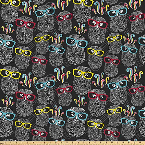 Lunarable Retro Fabric by The Yard, Doodle Style Owls with Colorfu...