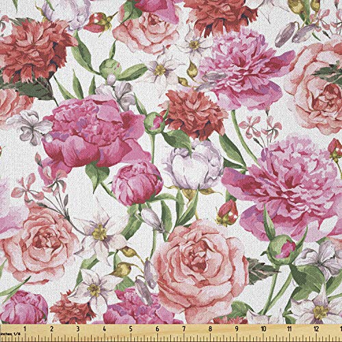 Lunarable Roses Fabric by The Yard, Summer Season Inspired Floral ...