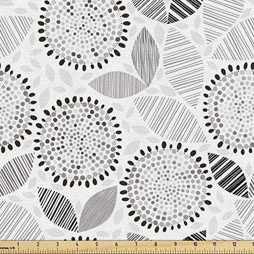 Lunarable Sketch Fabric by The Yard, Grayscale Pattern of Round Ab...