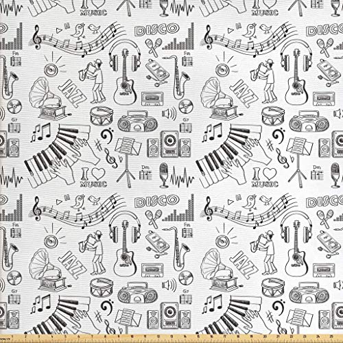 Lunarable Sketch Fabric by The Yard, Music Theme Pattern with Vari...